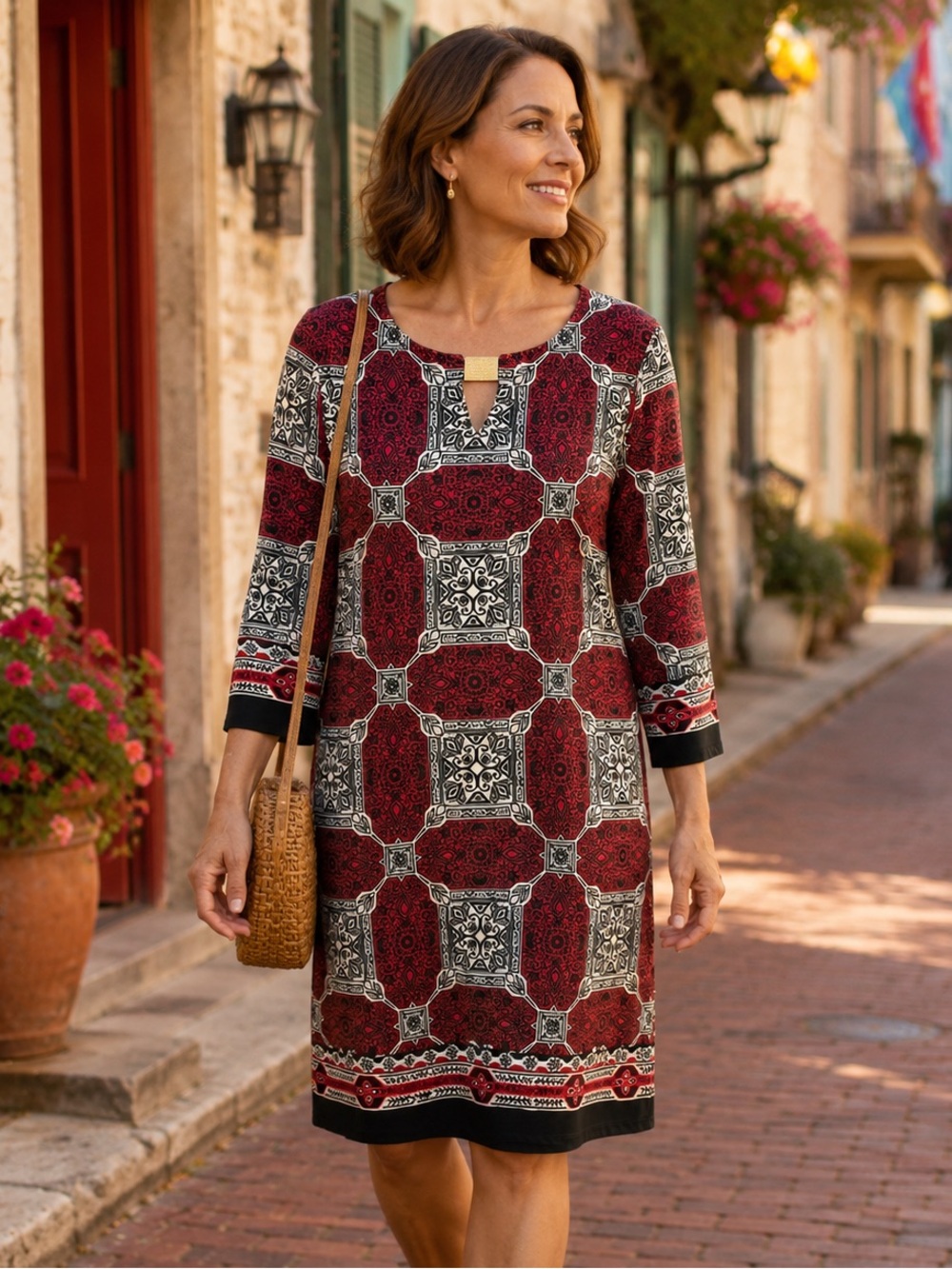 Sunny Leigh Red Black Medallion Print Shift Dress Gold Hardware 3/4 Sleeve Small